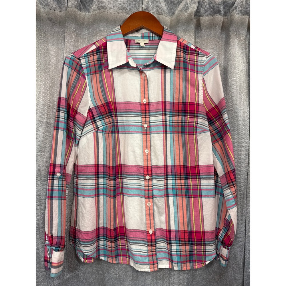 Talbots Womens Small Pink Blue Plaid Cotton Roll Tab Button Down Shirt ID34